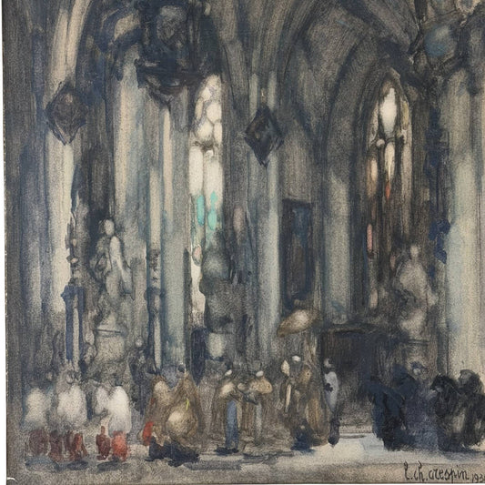 Antiek kerkinterieur schilderij Louis-Charles Crespin
