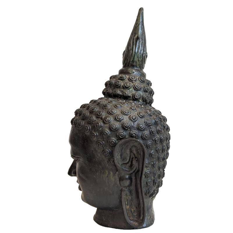 Antiek Thais Boeddhahoofd van brons met vlamvormige ushnisha