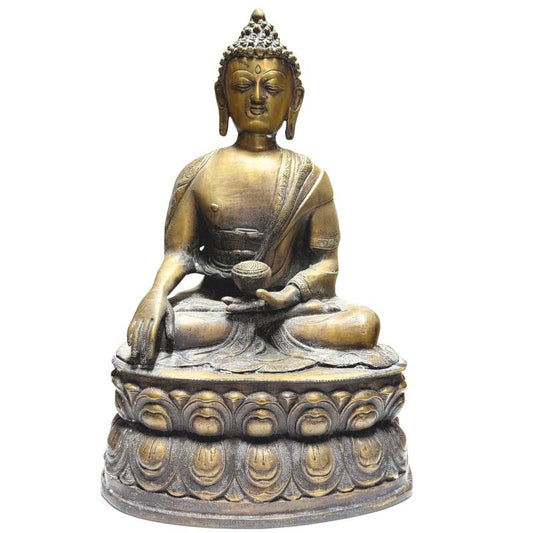 Vuurverguld Nepalese Boeddha zittend op een dubbele lotustroon uit de 18e eeuw