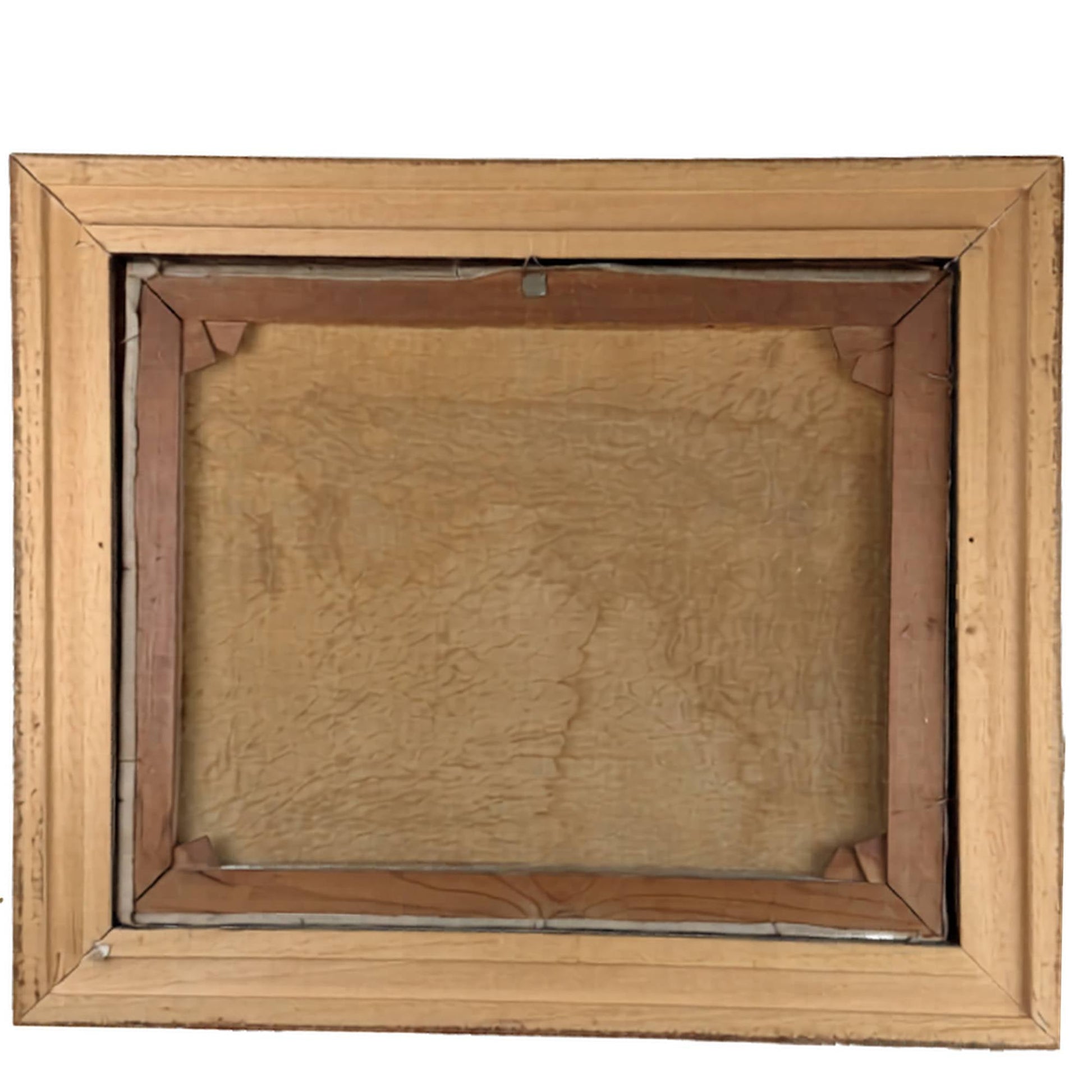 De originele achterzijde van het 53x63 cm linnen schilderij van R. Doorn met geoxideerd houten spieraam, hoekspieën en lijst.