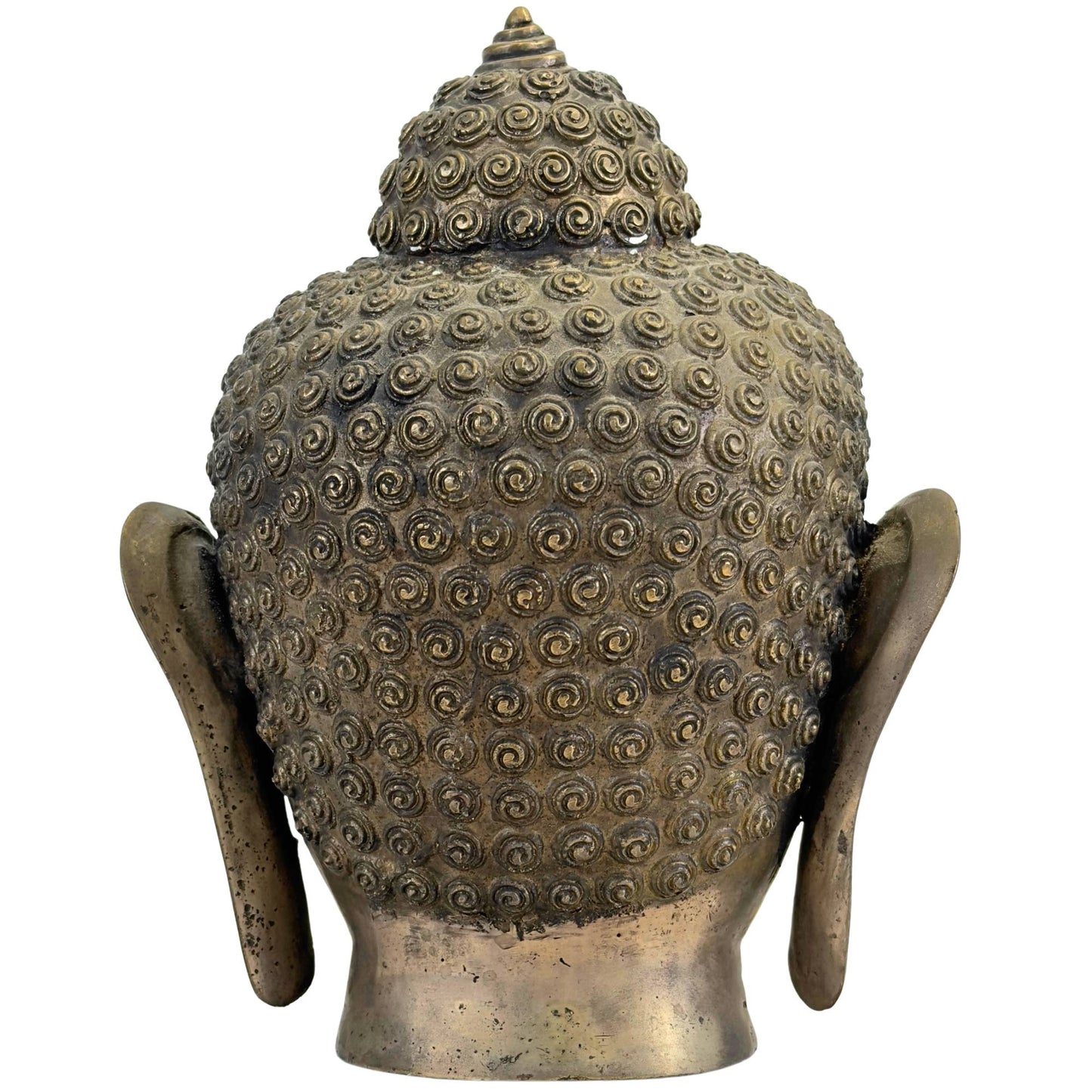 Achteraanzicht van het messing-bronzen Boeddhahoofd met de dekkende structuur van de spiraalvormige haarkrullen.