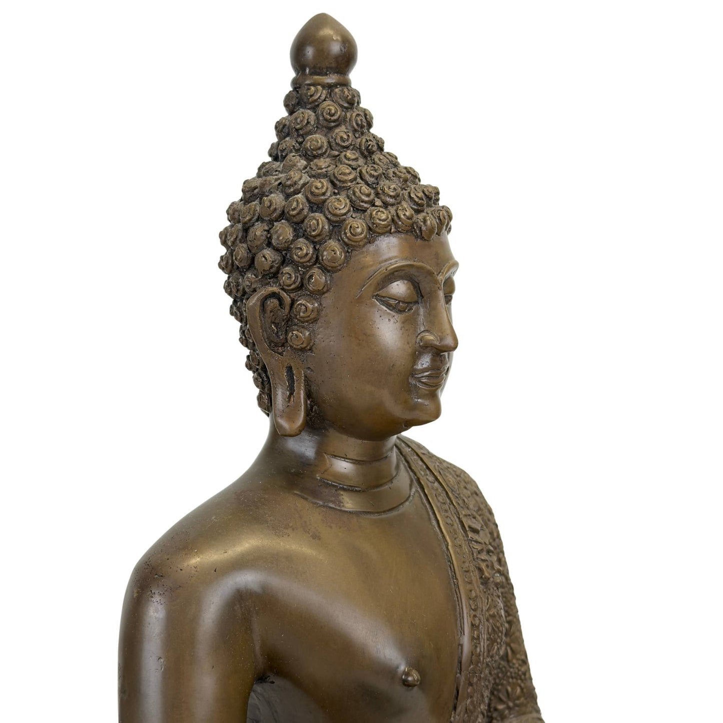 Verfijnde details van de haarknot en het serene zijprofiel van de grote Boeddha