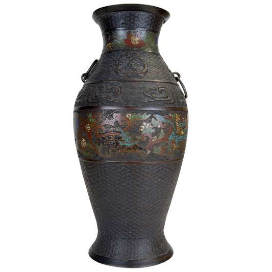 Grote Japanse bronzen champlevé vaas met kleurrijke fabeldieren, donker gepatineerd brons en decoratieve emailleband