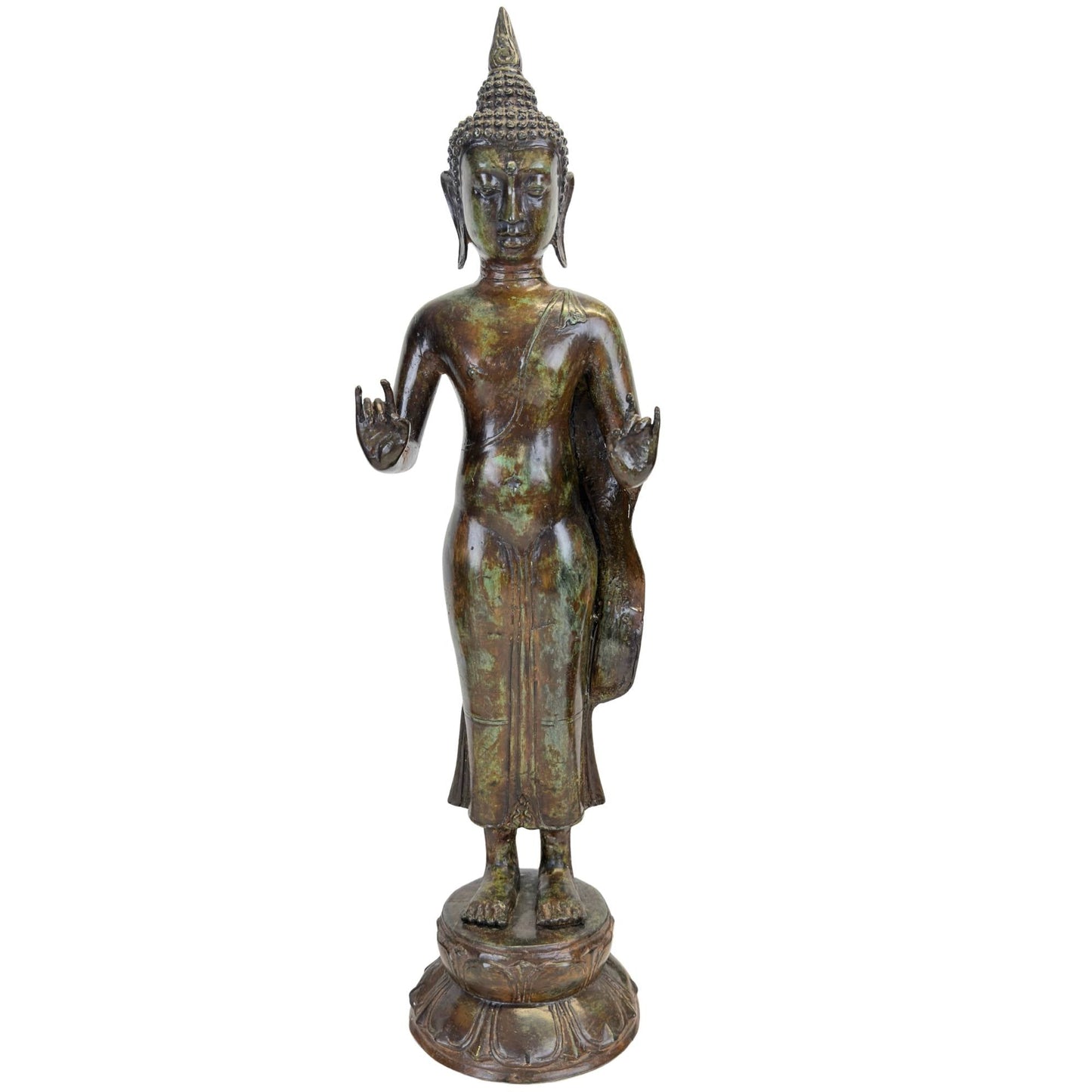 Vooraanzicht van de antieke Javanese Boeddha in Majapahit Revival-stijl, 58,5 cm hoog.