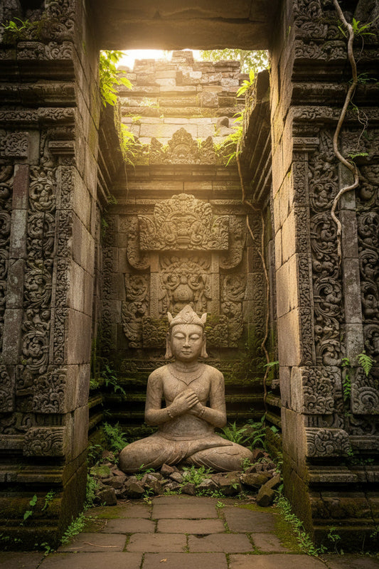 Monumentale Indonesische tempelfiguur in natuursteen met spirituele uitstraling