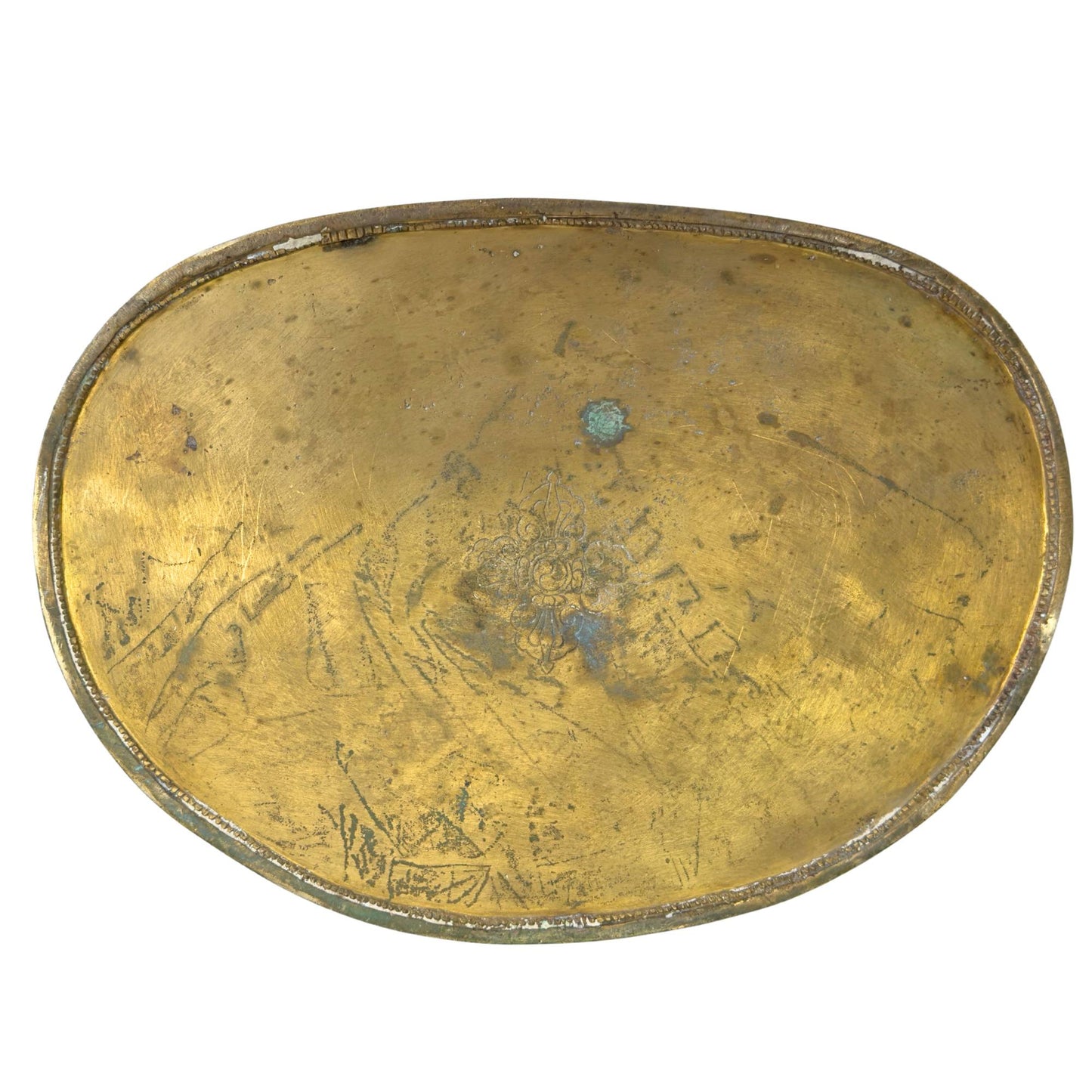 Originele bodemplaat van een antieke Newar Bhaisajyaguru in verzilverd brons met gegraveerde dubbele vajra (vishvavajra), natuurlijke slijtage, oude gebruikssporen en authentieke patina.